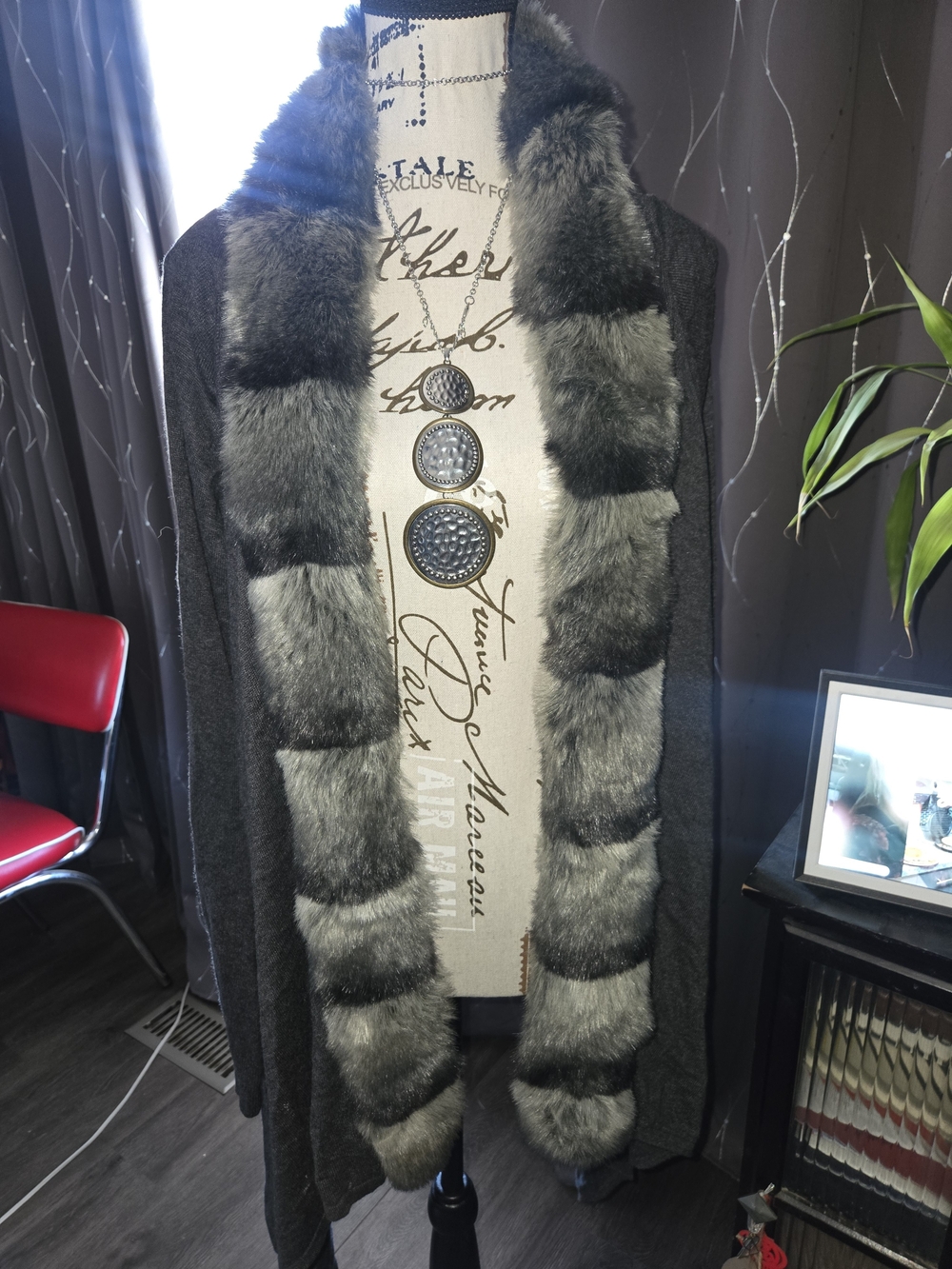 Women's Faux Fur Trim Open Front Coatigan - Gray.